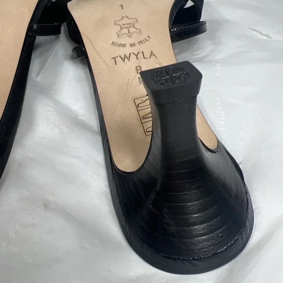 Brighton Shoes Women 8 Black Leather Silver Rhinestone Throne Heel Made Italy - Picture 14 of 16